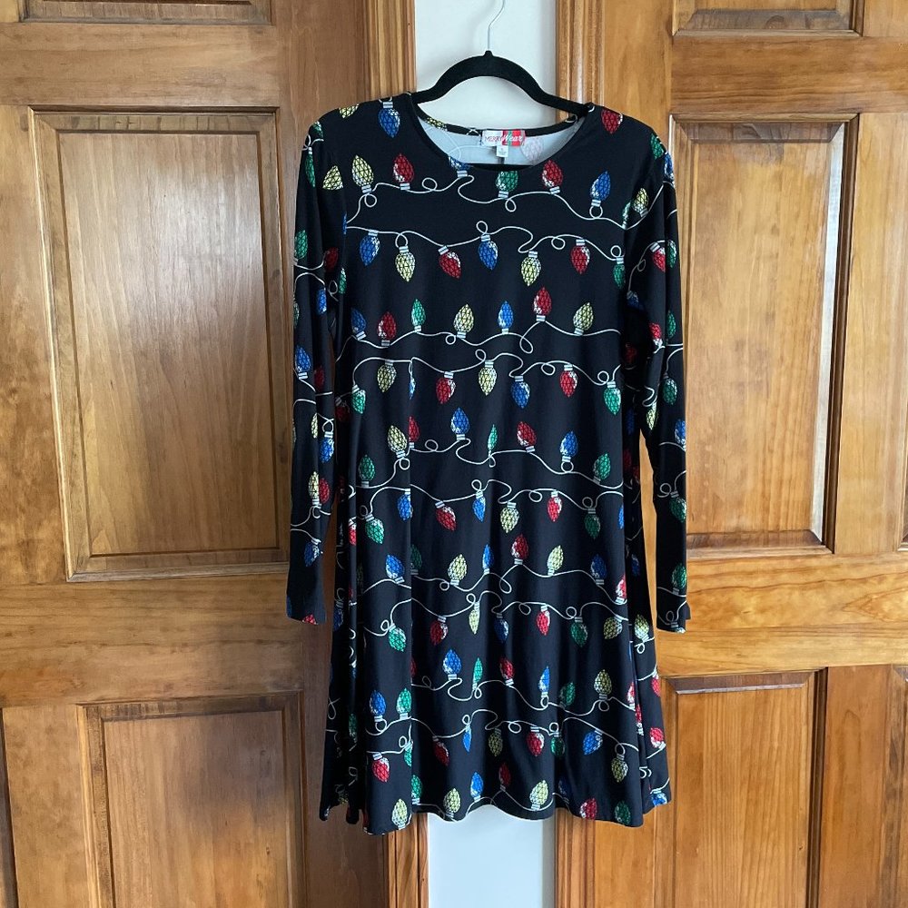 Black Holiday Dress With Multicolored String Lights Pattern Size L